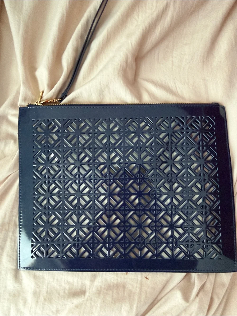 Tory Burch Navy Laser-Cut Wristlet Clutch - Women Bags